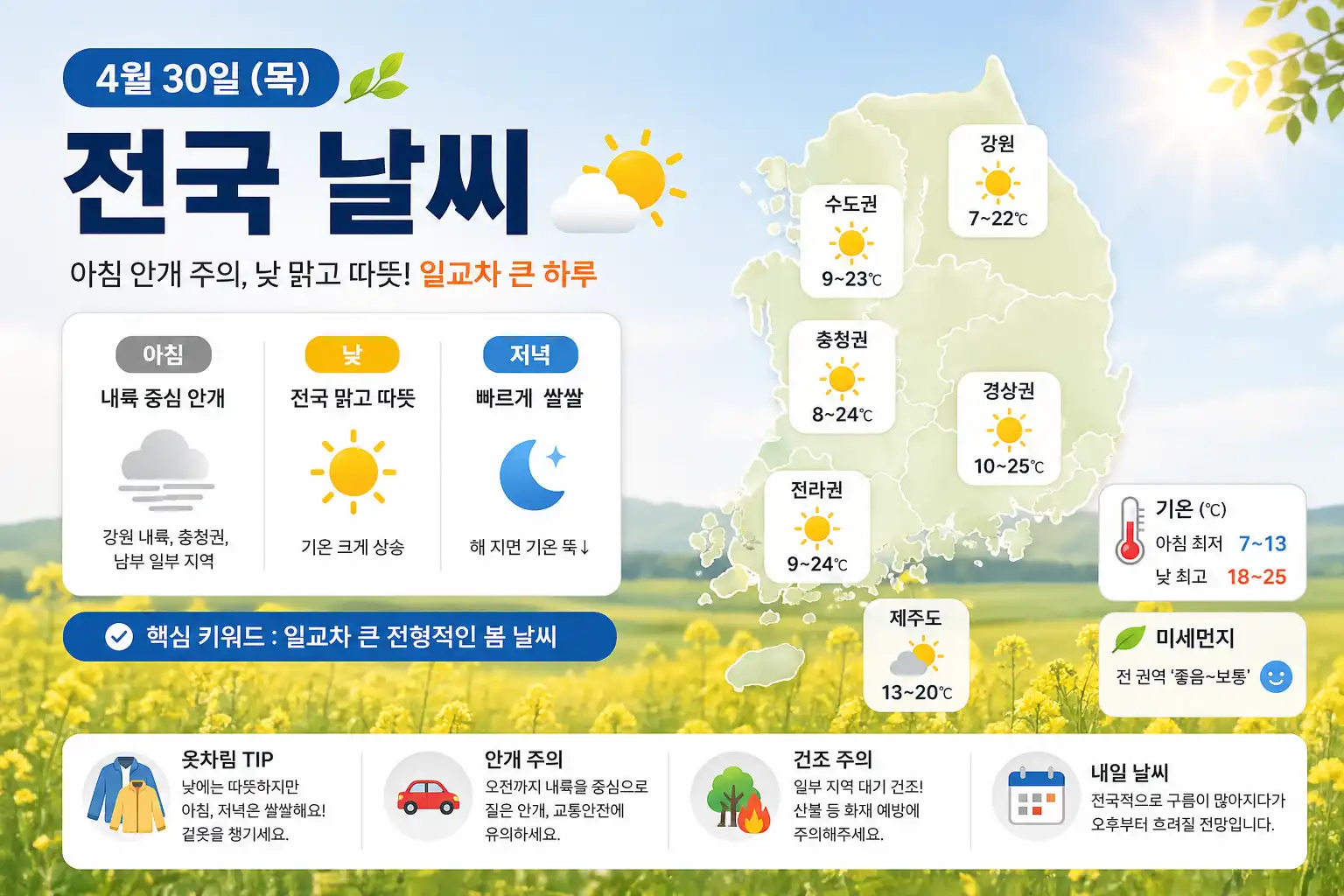 4월 30일 전국 날씨 | 아침 안개·낮 맑음, 일교차 큰 하루
